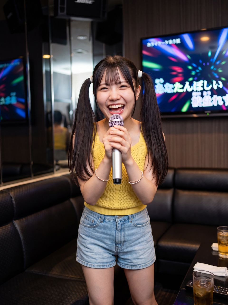 カラオケでマイクを両手に熱唱する葉月柚子