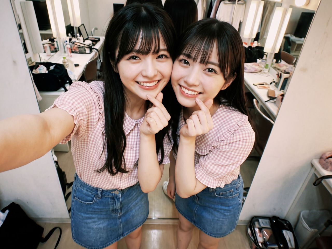 控室の鏡の前で指ハートをする姫宮桃と小鳥遊ひな