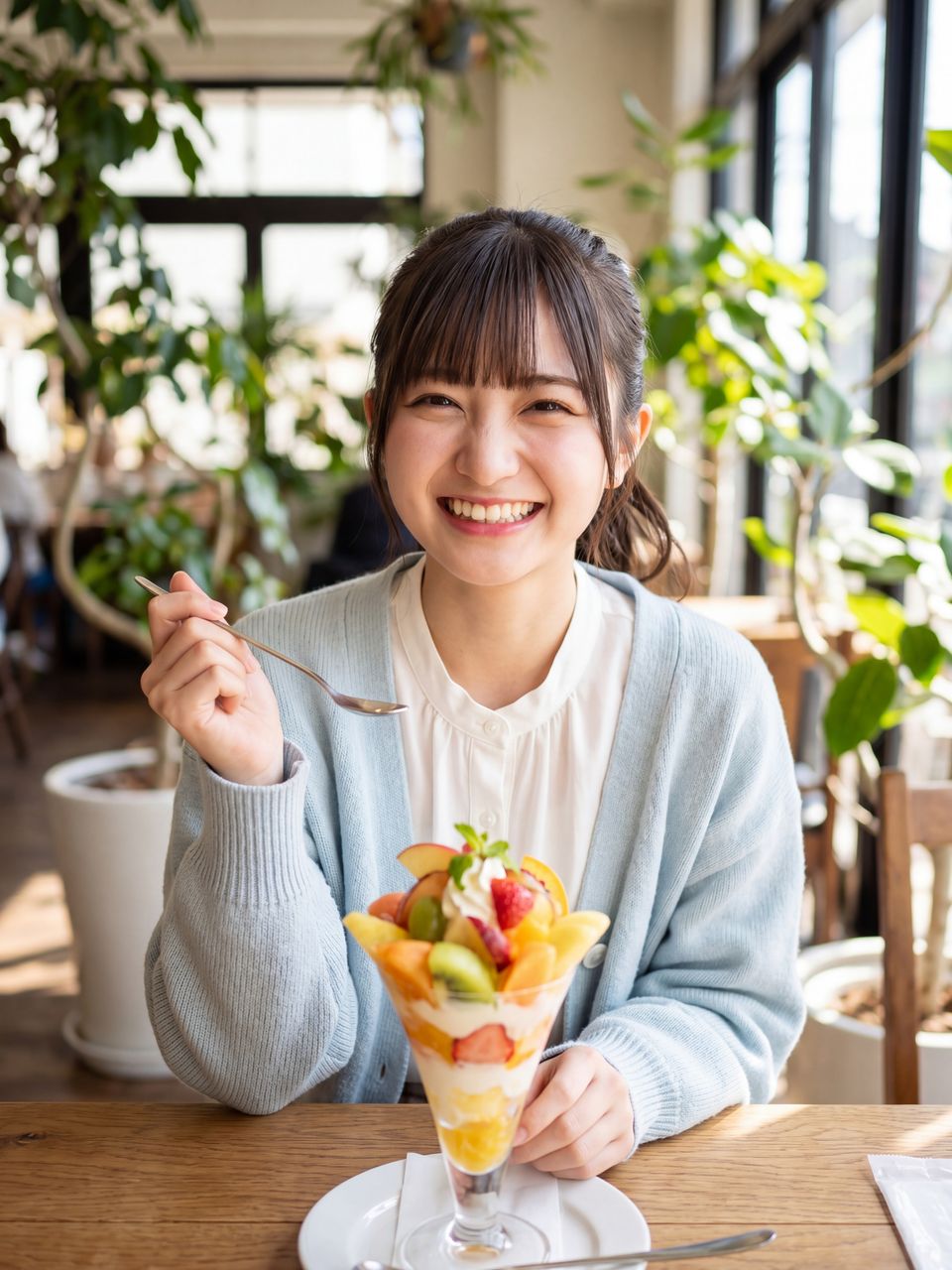 カフェでパフェを楽しそうに食べる瀬戸朝陽