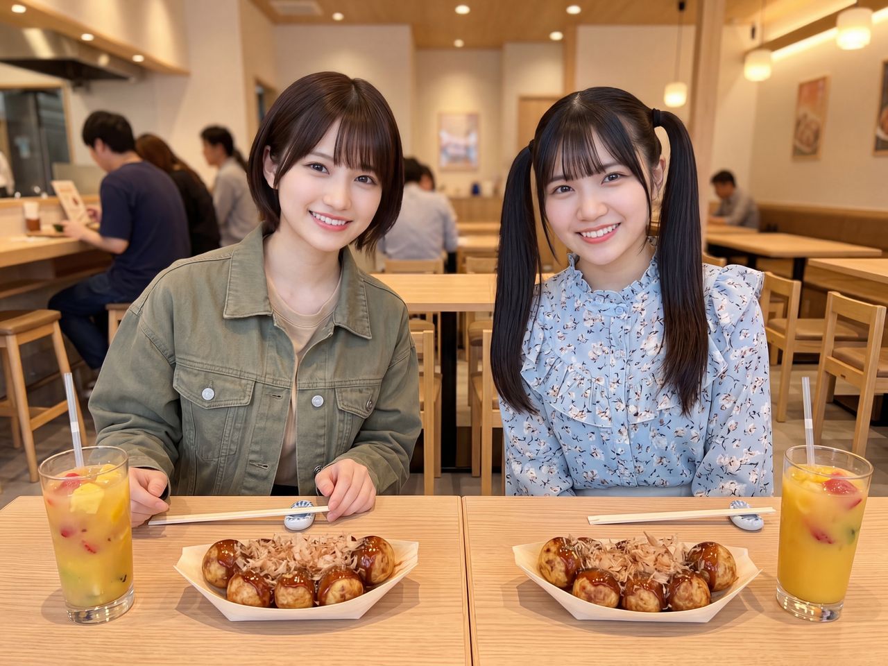 たこ焼き屋でたこ焼きを前に笑顔の神楽坂舞と葉月柚子