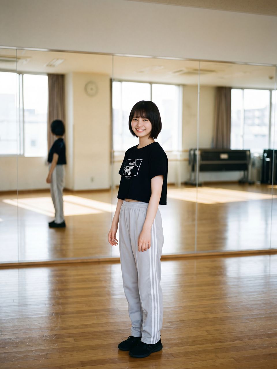 レッスンスタジオで笑顔でポーズをとる神楽坂舞