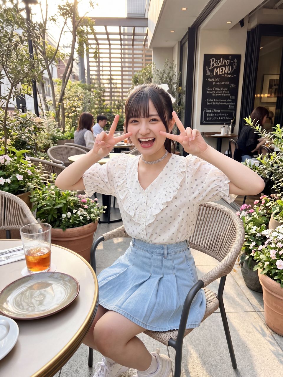 ピースサインをする朝陽