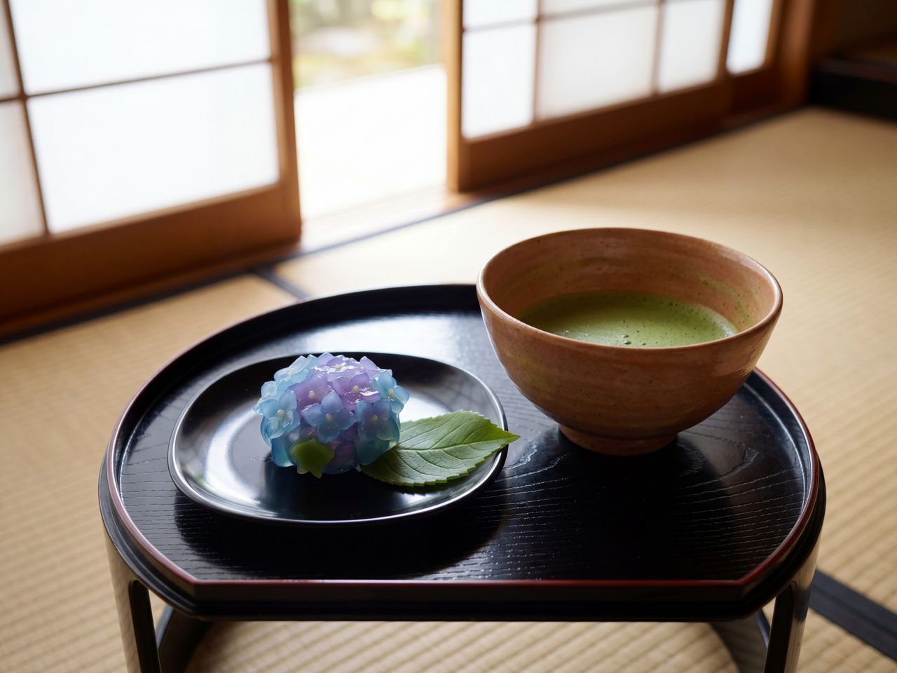 紫陽花を模した和菓子とお抹茶のセット