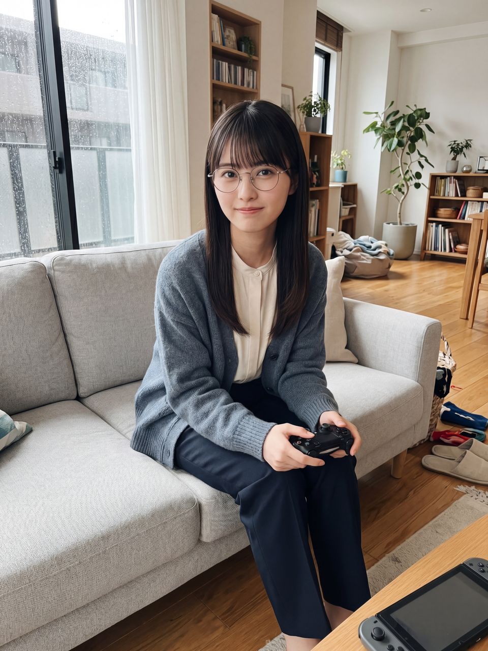 お部屋のソファでゲームコントローラーを手にする蒼井瑠璃