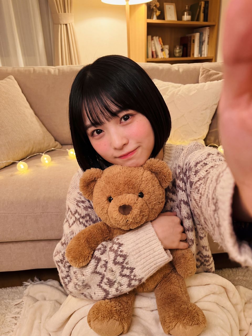 部屋のソファでクマのぬいぐるみを抱っこする美月