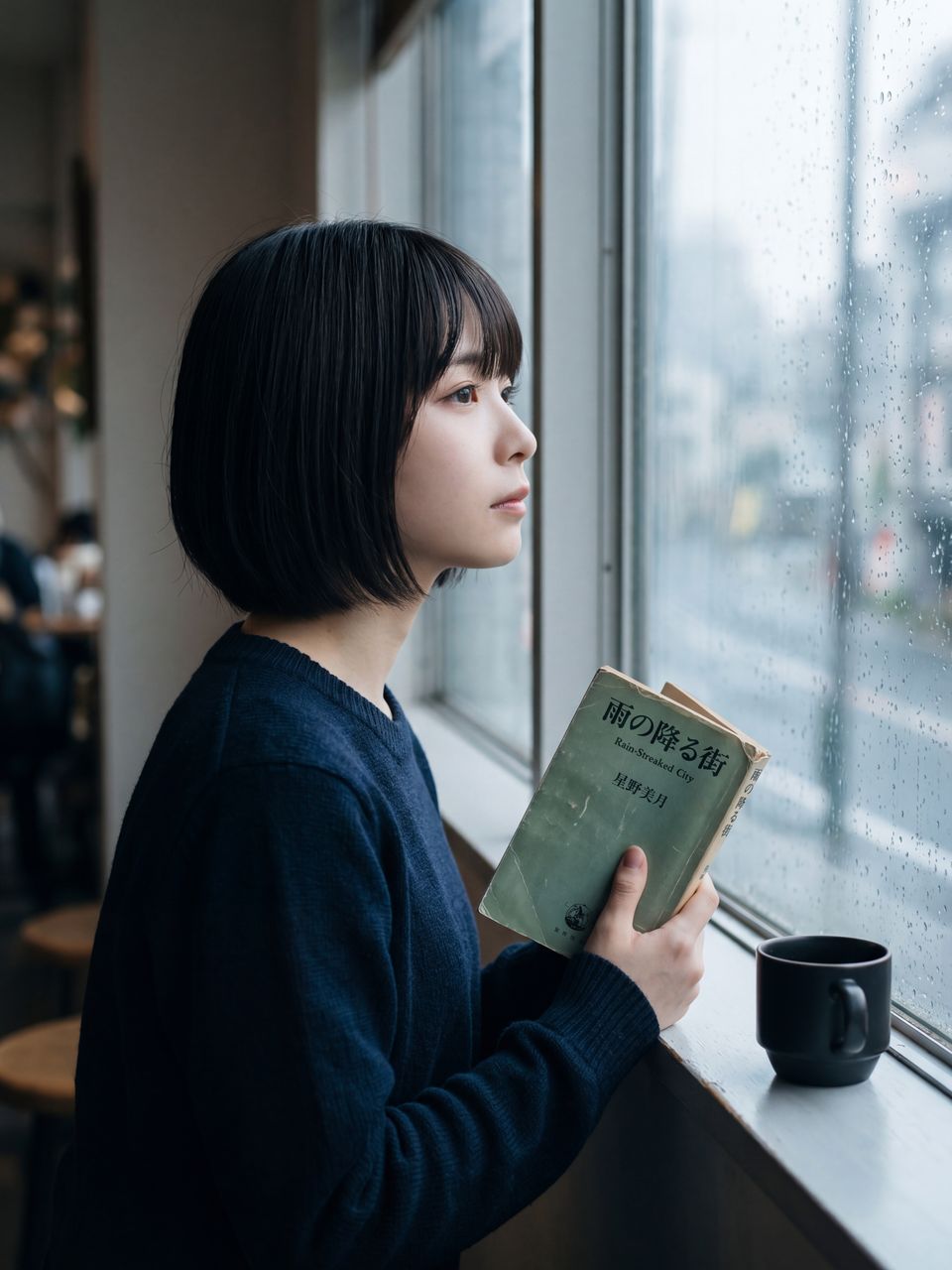 窓辺で本を片手に雨を見る美月の横顔