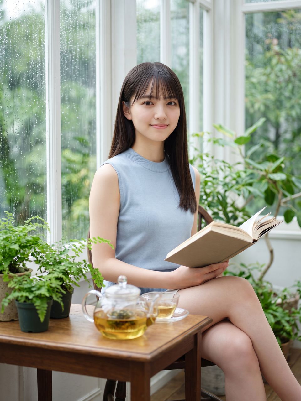 窓辺でハーブティーを前に読書する如月玲奈