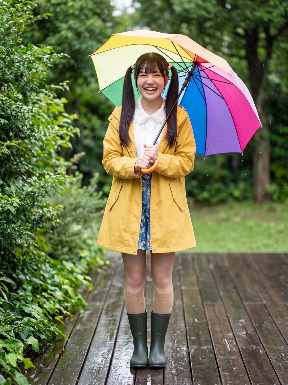 お気に入りの黄色いレインコートと傘を持つ葉月柚子