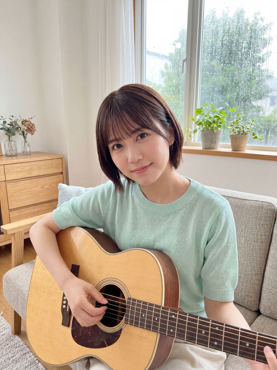 アコースティックギターを抱えて優しく微笑む天音かなで