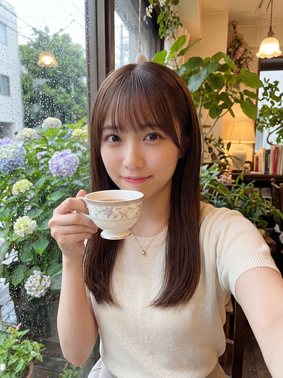 お気に入りのカフェでの自撮り