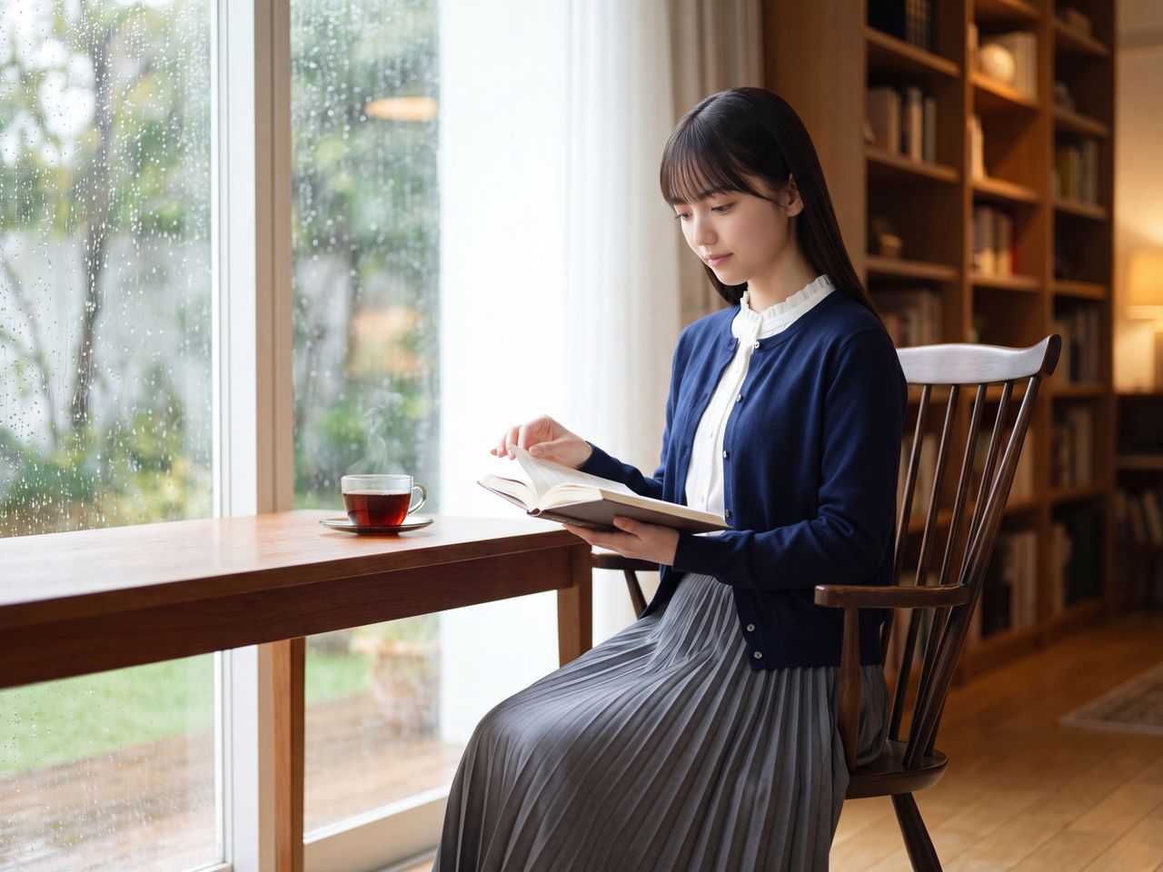書斎の窓辺で読書をする如月玲奈