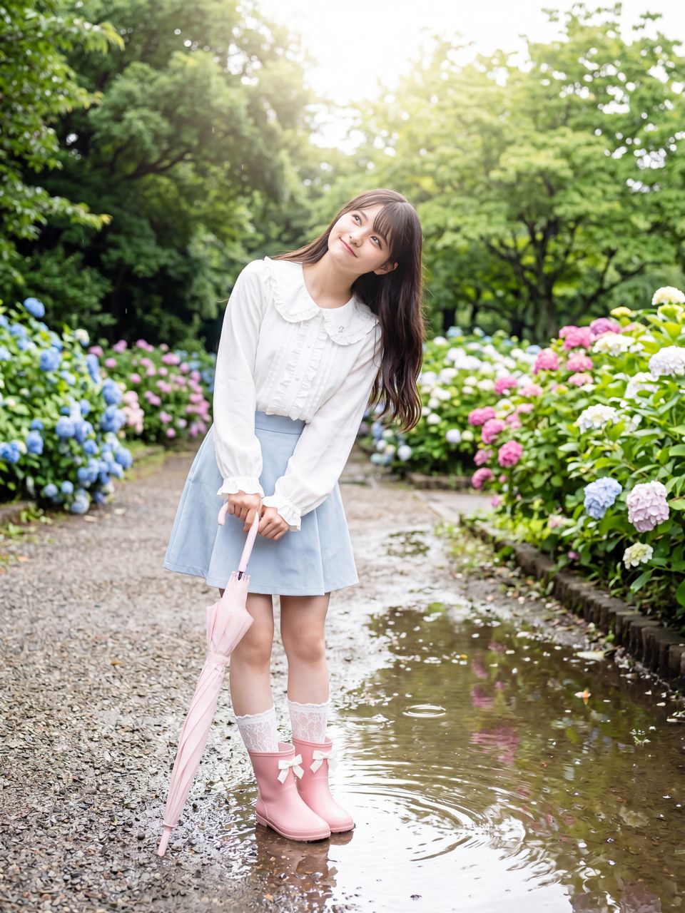 アジサイの公園でレインブーツを履いて傘を持つ姫宮桃