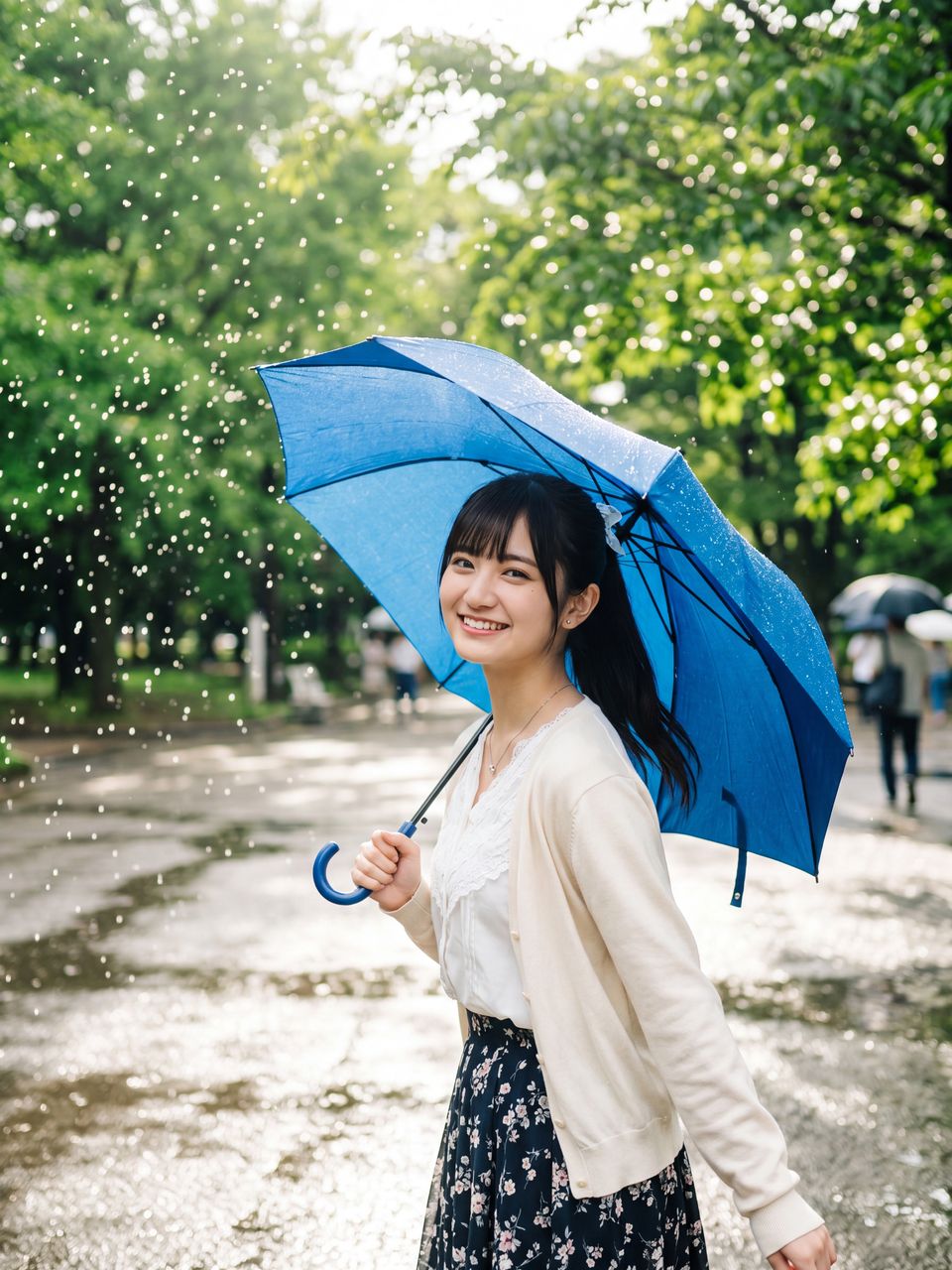 お気に入りの青い傘を持って笑顔の瀬戸朝陽