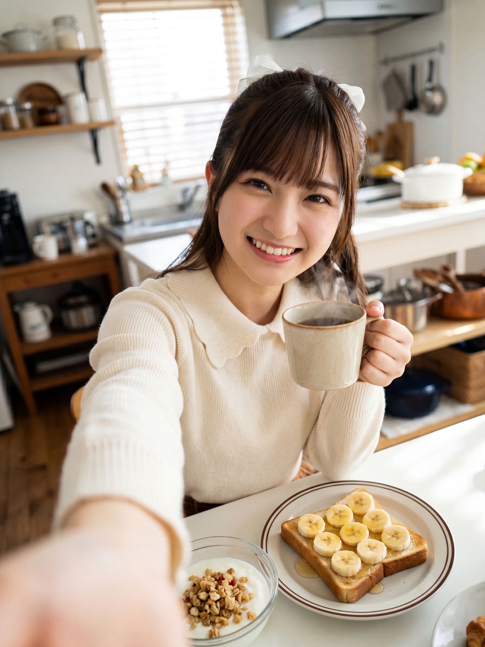 バナナトーストの朝ごはんを前に笑顔の瀬戸朝陽
