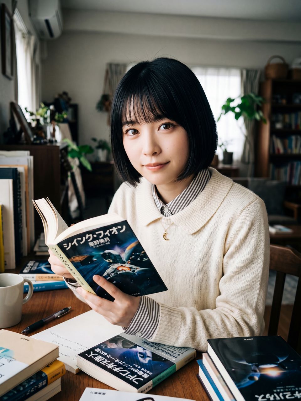 SF小説を片手に静かに微笑む星野美月