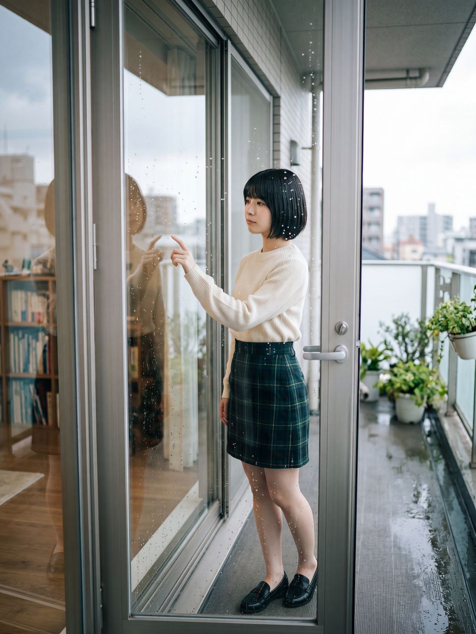 雨上がりの窓辺でしずくを観察する星野美月
