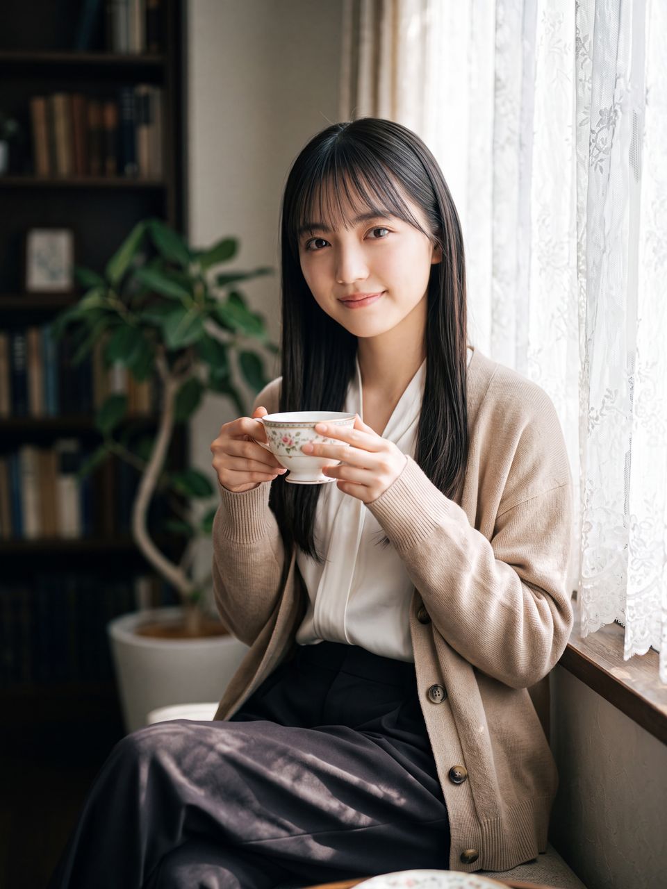 上品なハーブティーを持って微笑む如月玲奈