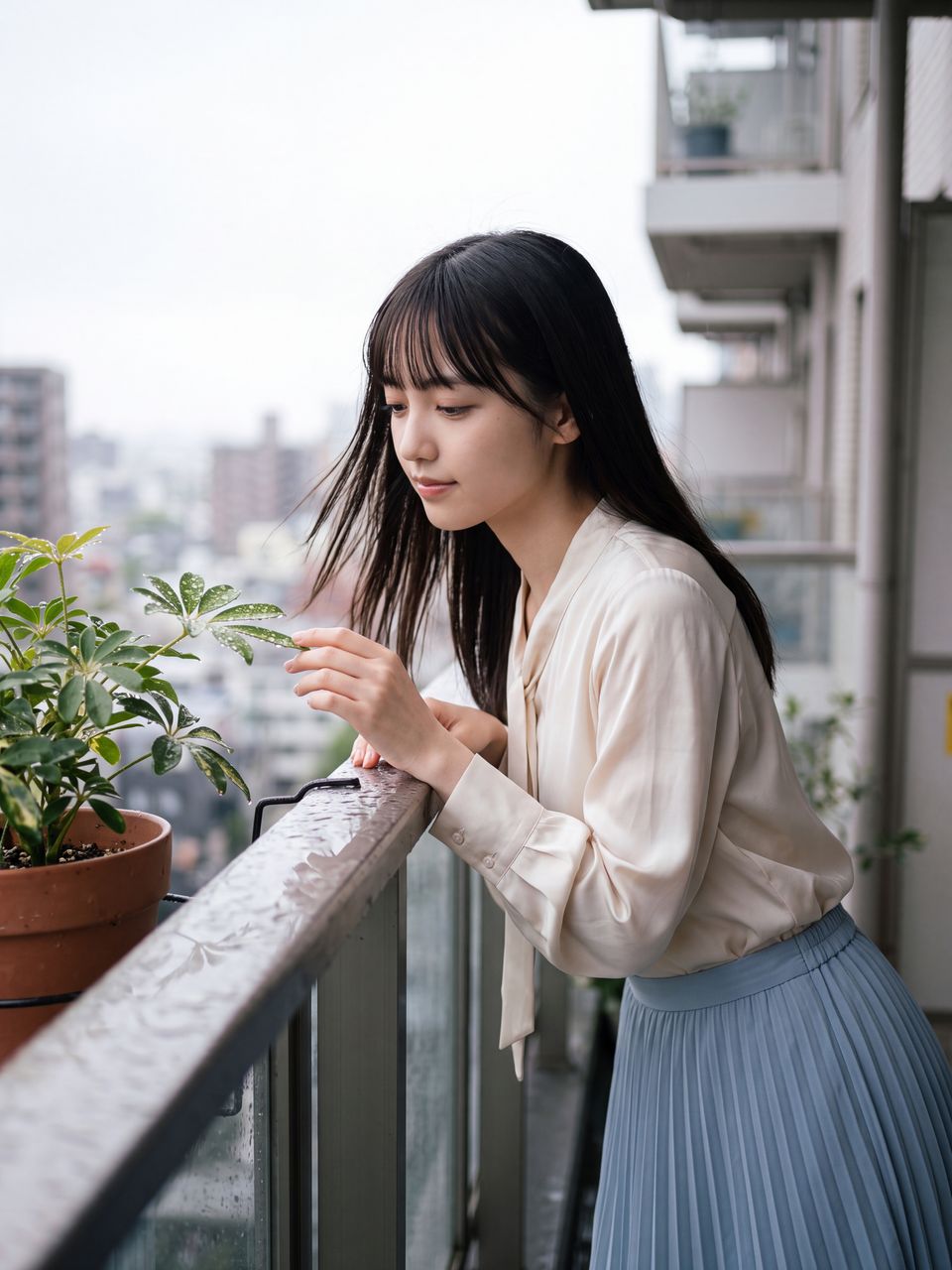 雨上がりのベランダでしずくを優雅に見つめる如月玲奈