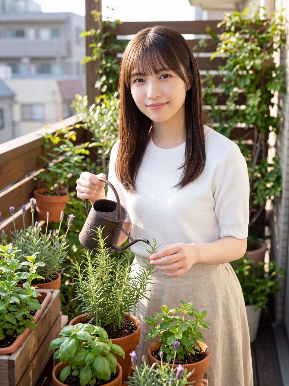 ベランダでハーブに水やりをする橘ひかり