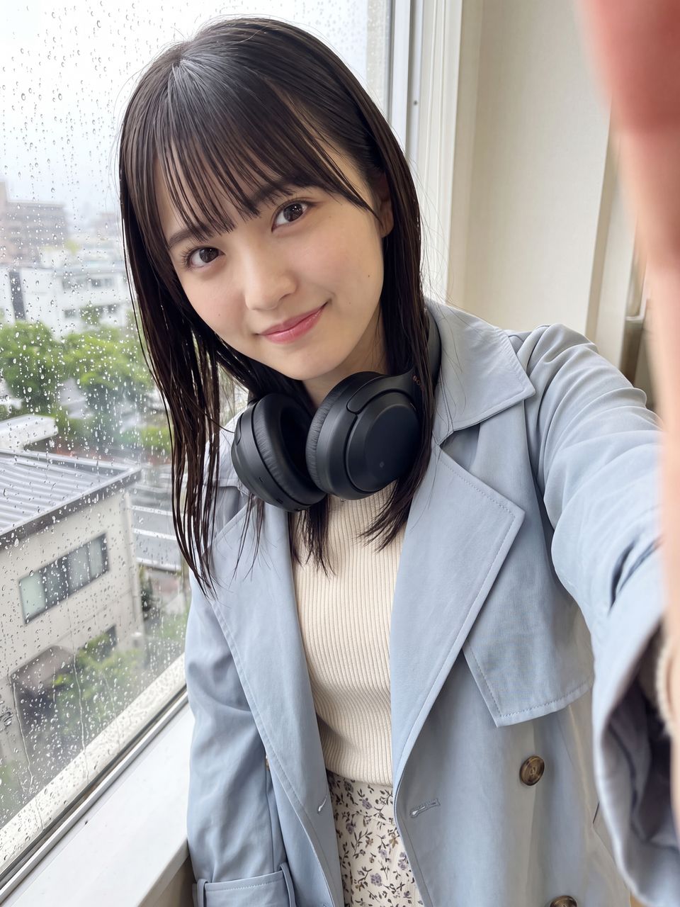窓辺でヘッドホンをかける蒼井瑠璃