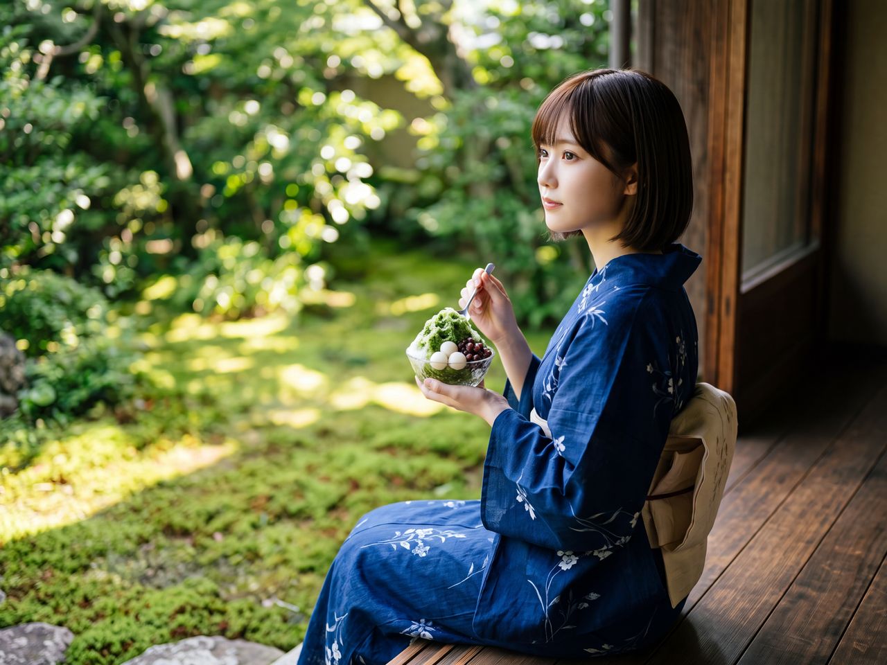 縁側でかき氷を食べる白石紬