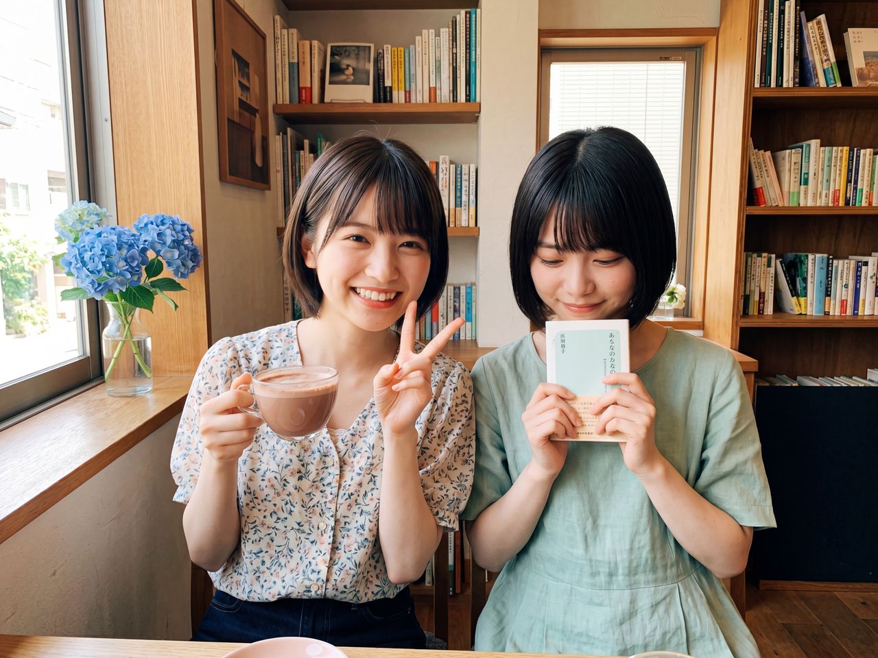 ブックカフェでココアを飲む舞と読書をする美月