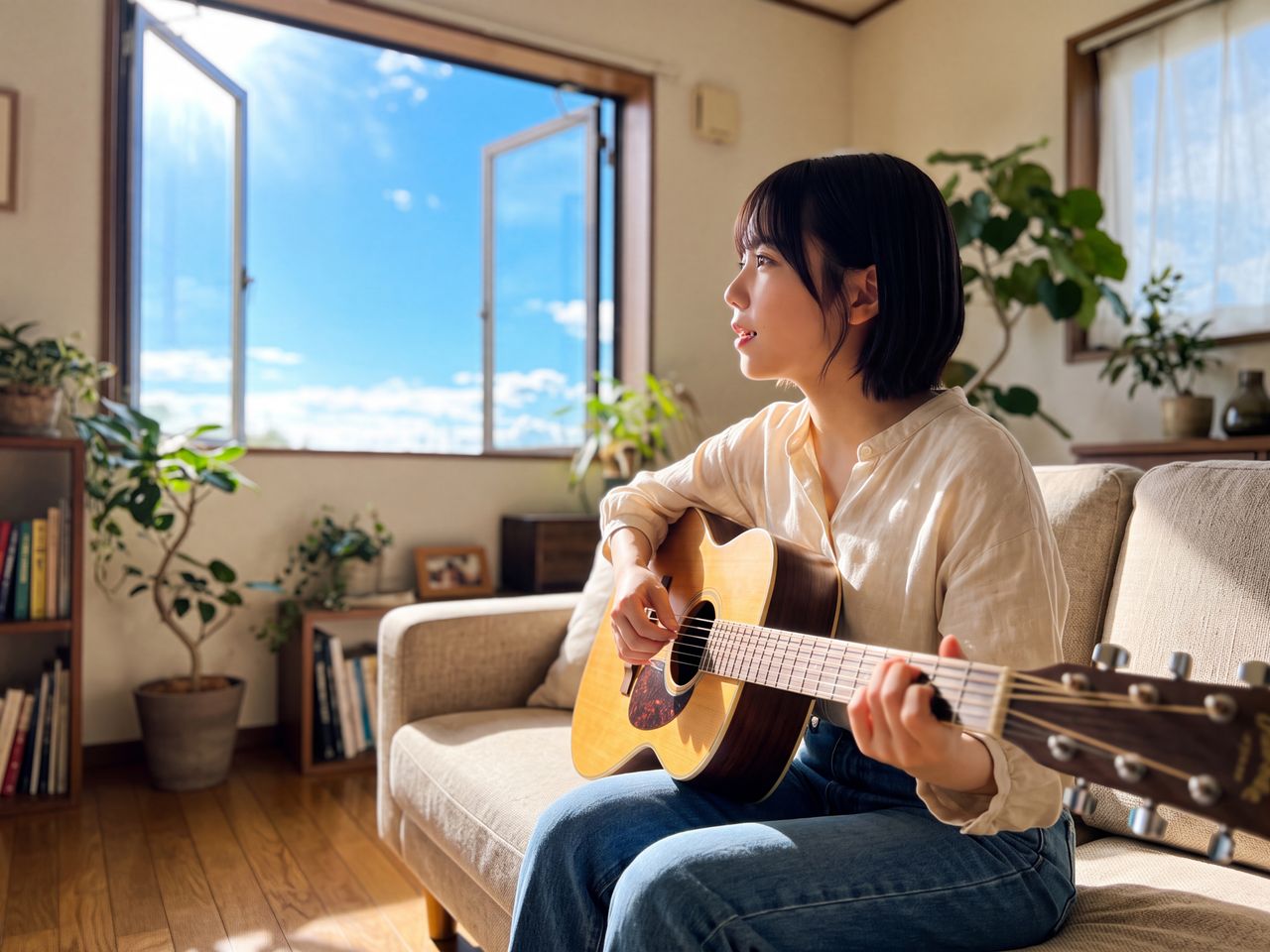 縁側でギターを弾きながらハミングする天音かなで