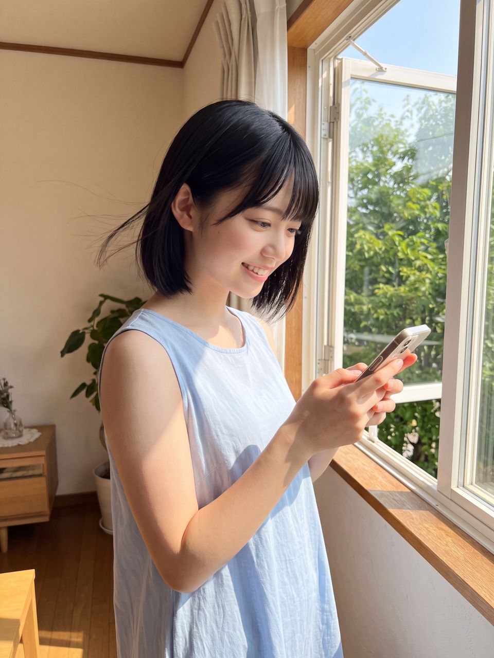 窓辺でスマホを見つめる小鳥遊ひな