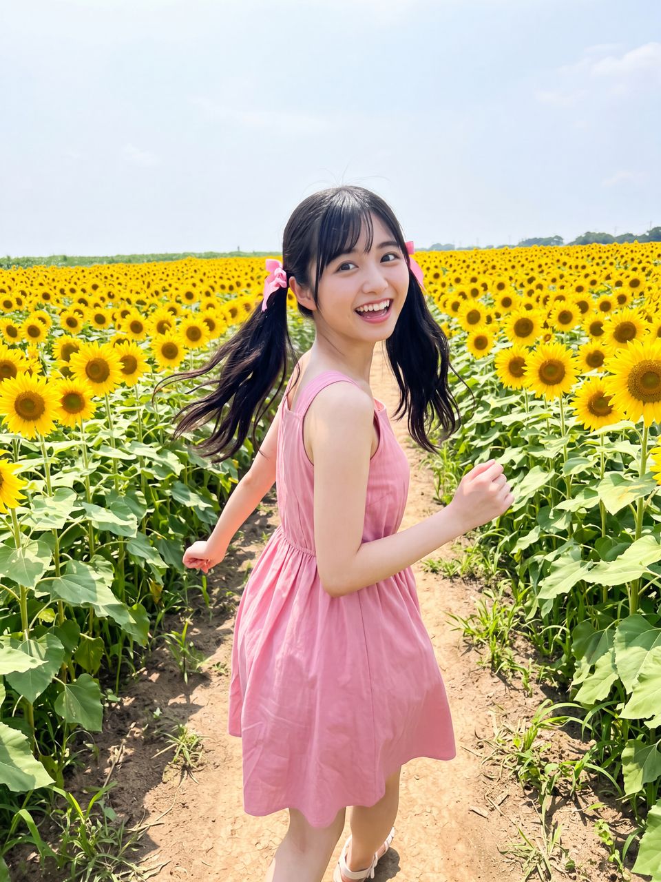 ひまわり畑を走りながら振り返って微笑む夢咲さくら