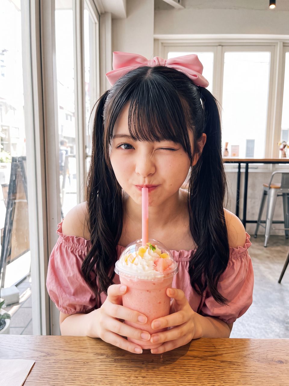 カフェの窓際でフローズンドリンクを飲む姫宮桃