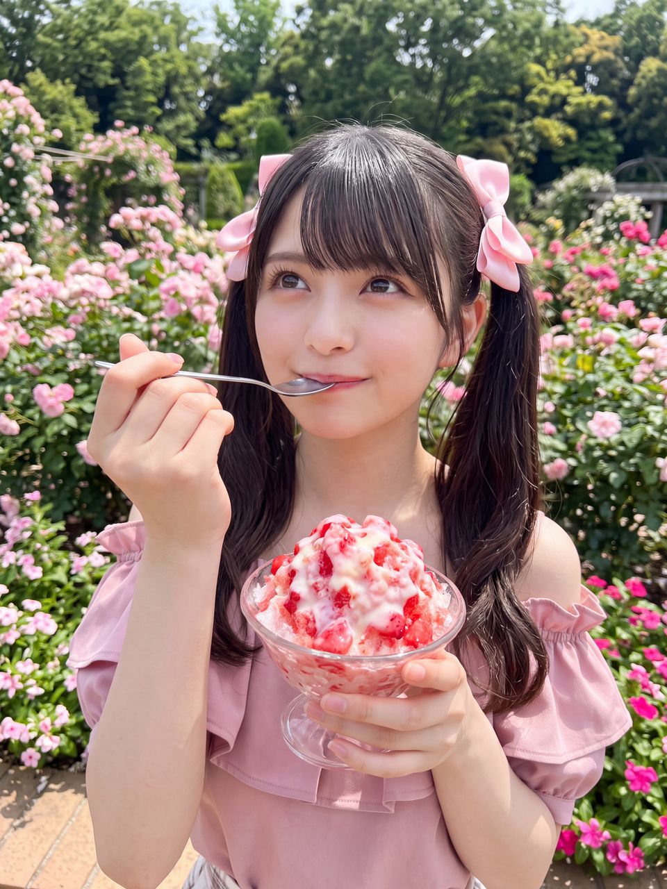 ガーデンテラスでかき氷を食べる姫宮桃