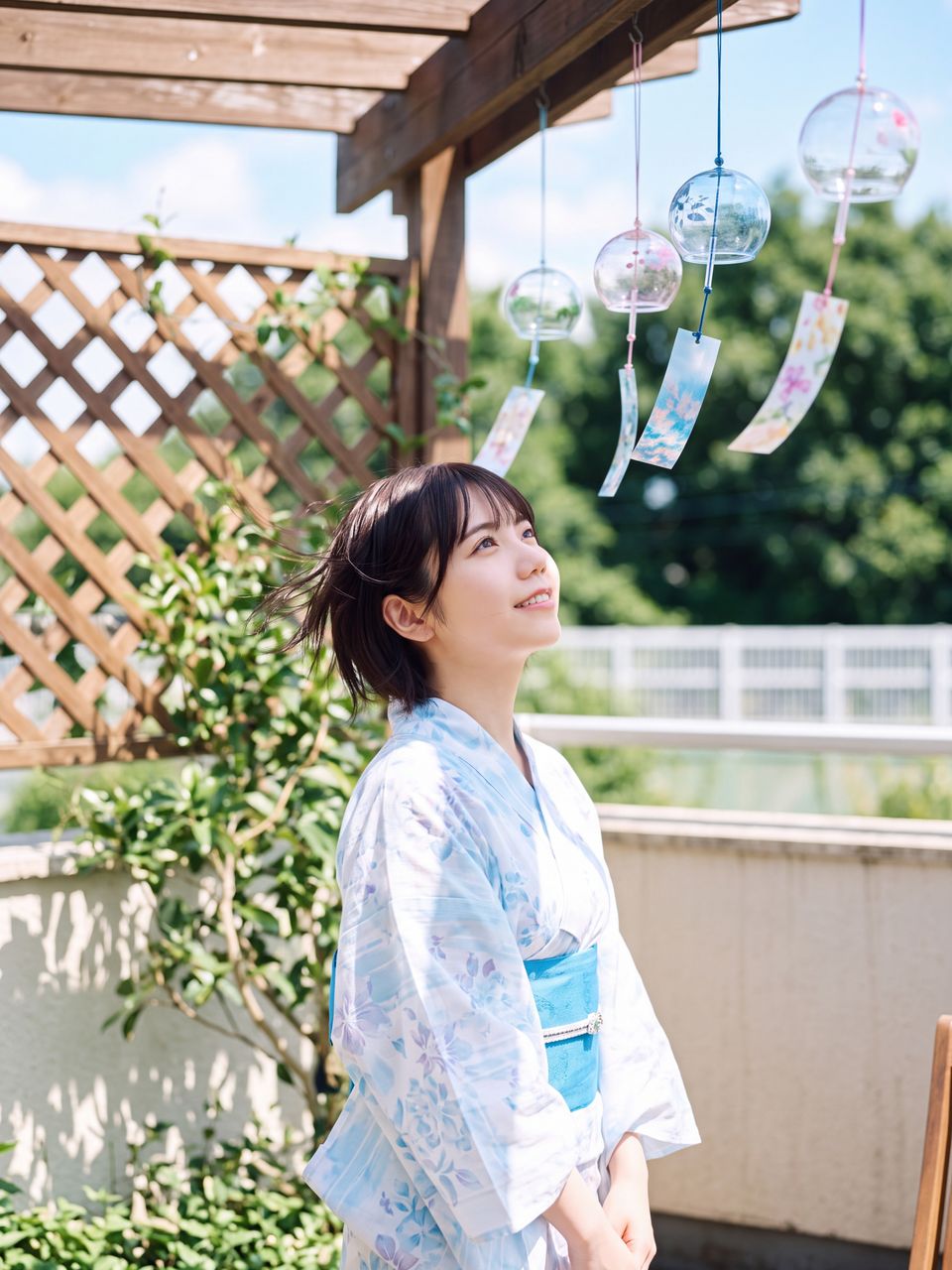 テラスで風鈴を見上げる天音かなで
