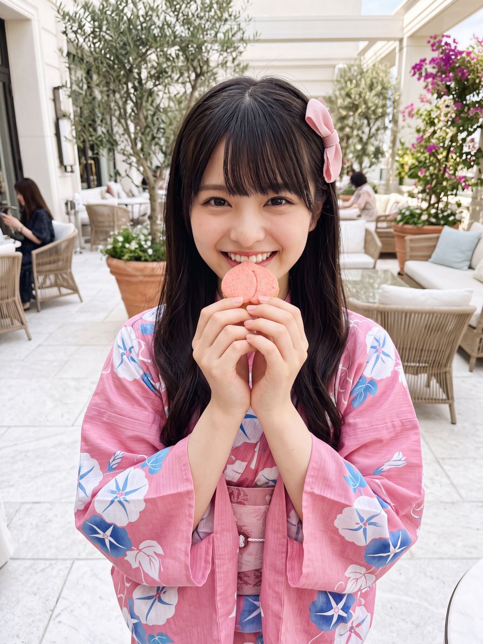 浴衣お茶会でピンクの桃クッキーを持つ姫宮桃