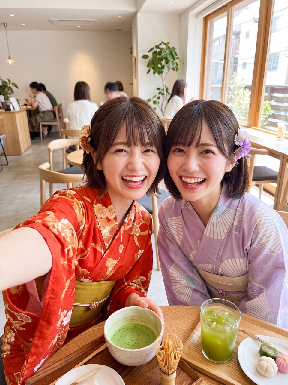 抹茶を前にした神楽坂舞と白石紬の自撮り