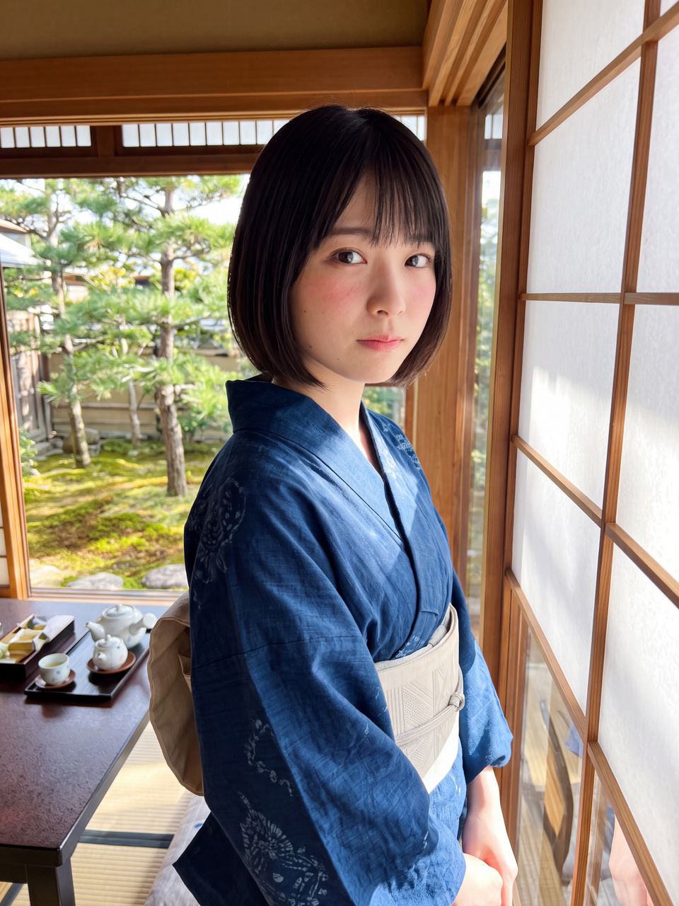 藍染めの浴衣を着た星野美月
