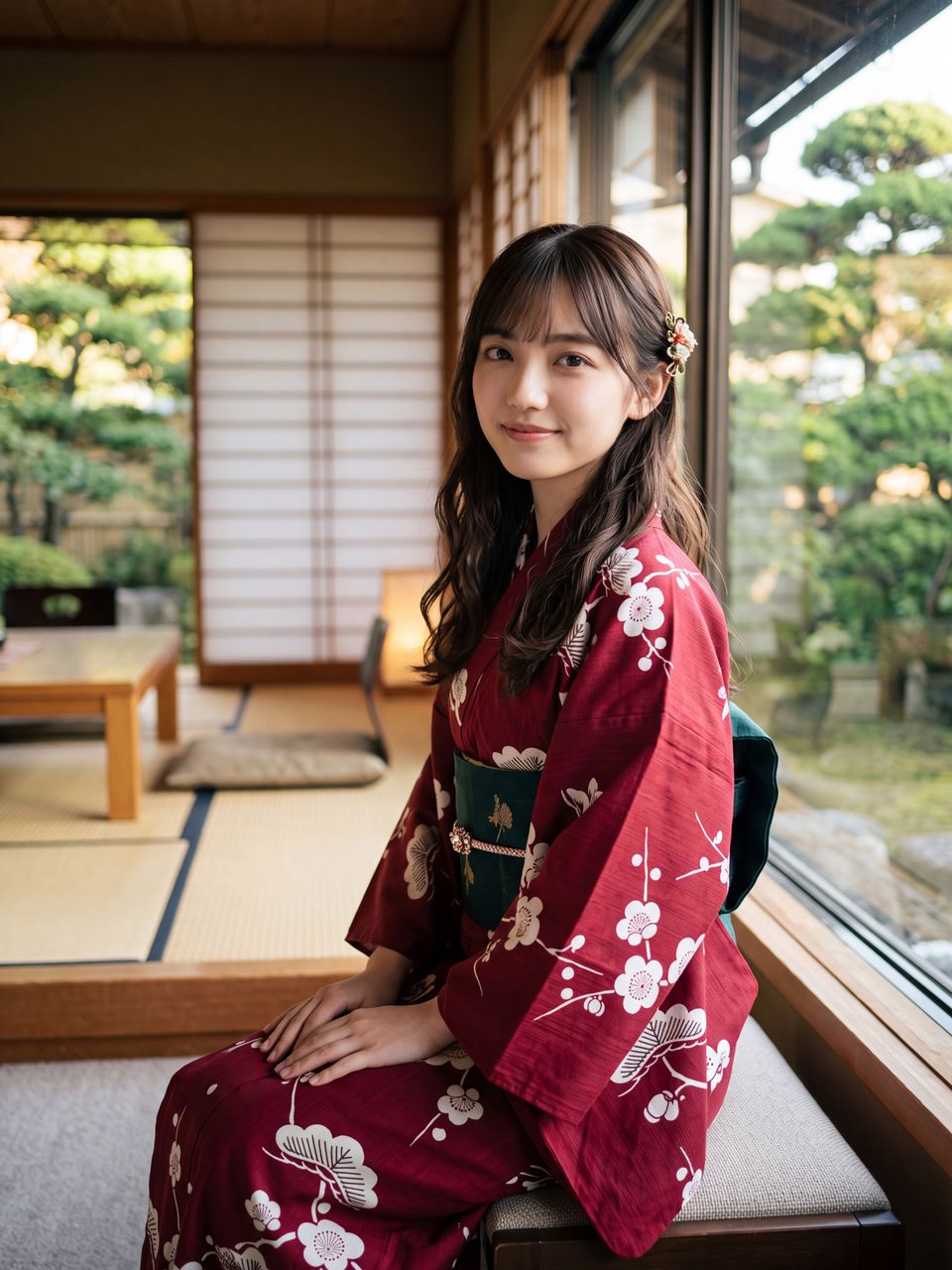 古典的な赤の浴衣を着た如月玲奈