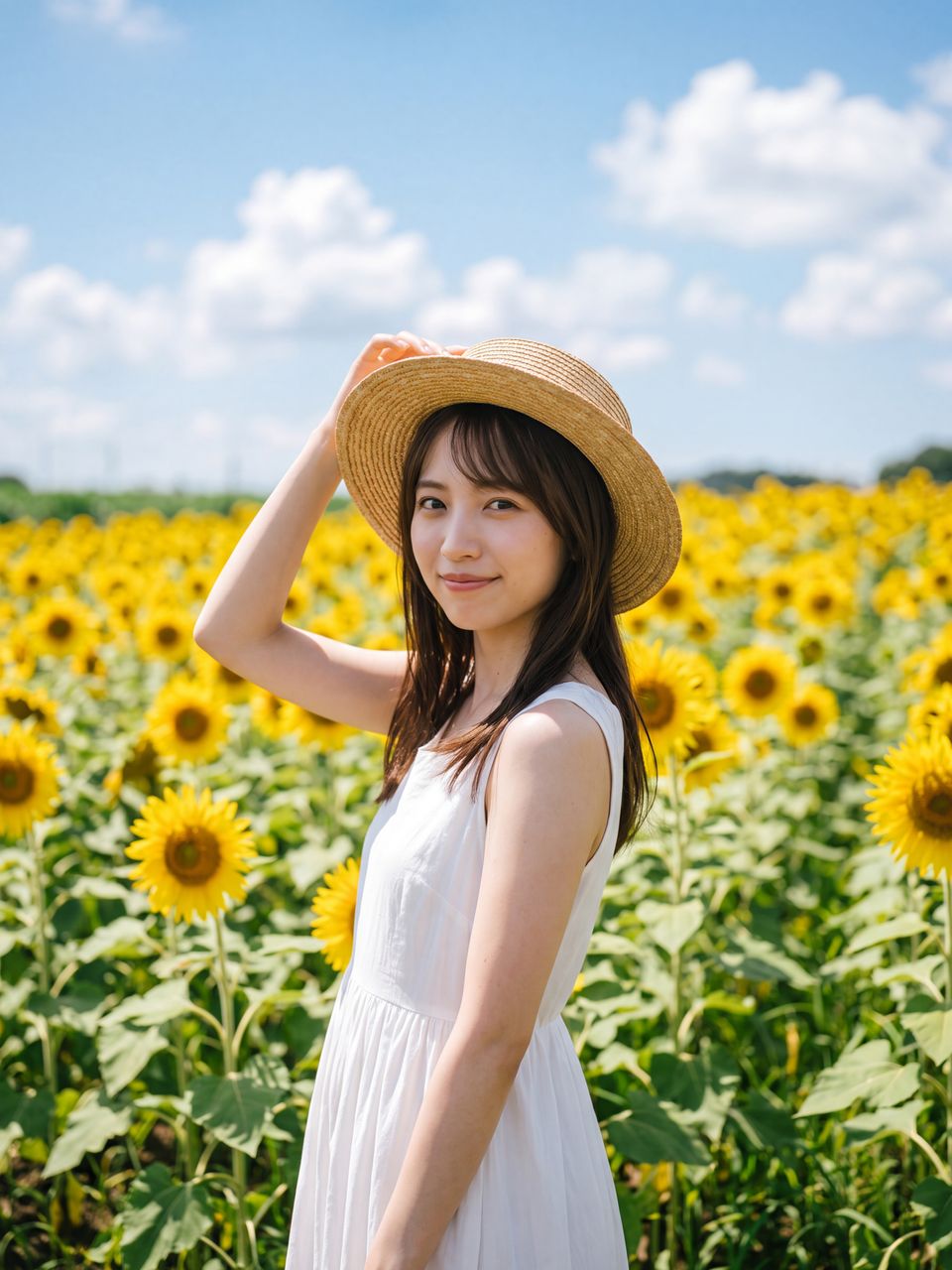 向日葵畑を背景に微笑む橘ひかり