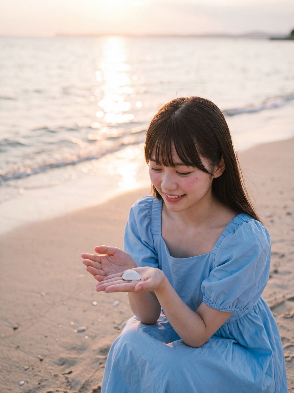 ビーチで貝殻を見つめる小鳥遊ひな