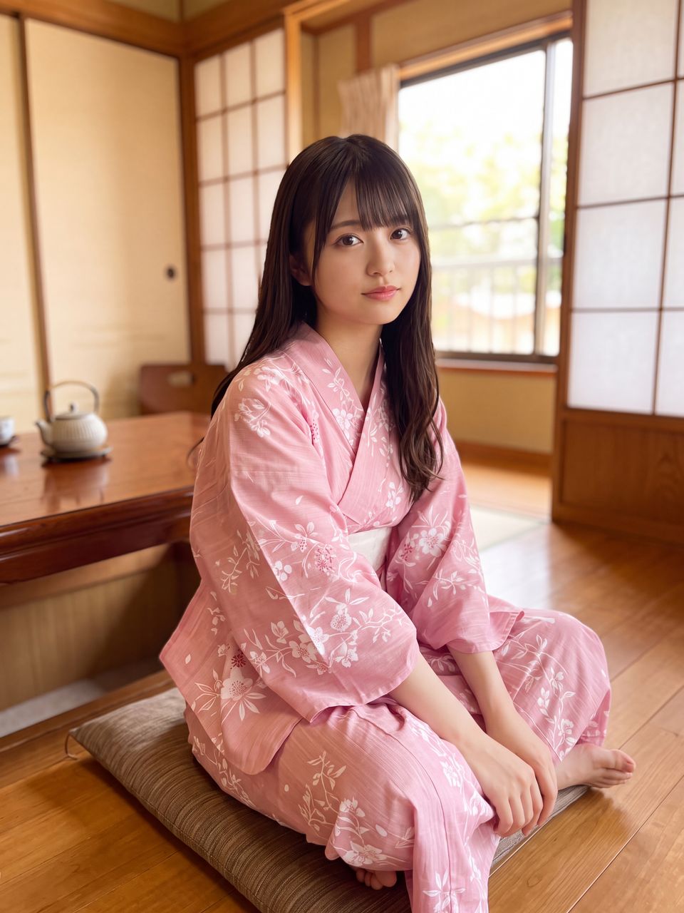 室内で浴衣の襟元を少し緩めてアンニュイな表情を見せる姫宮桃