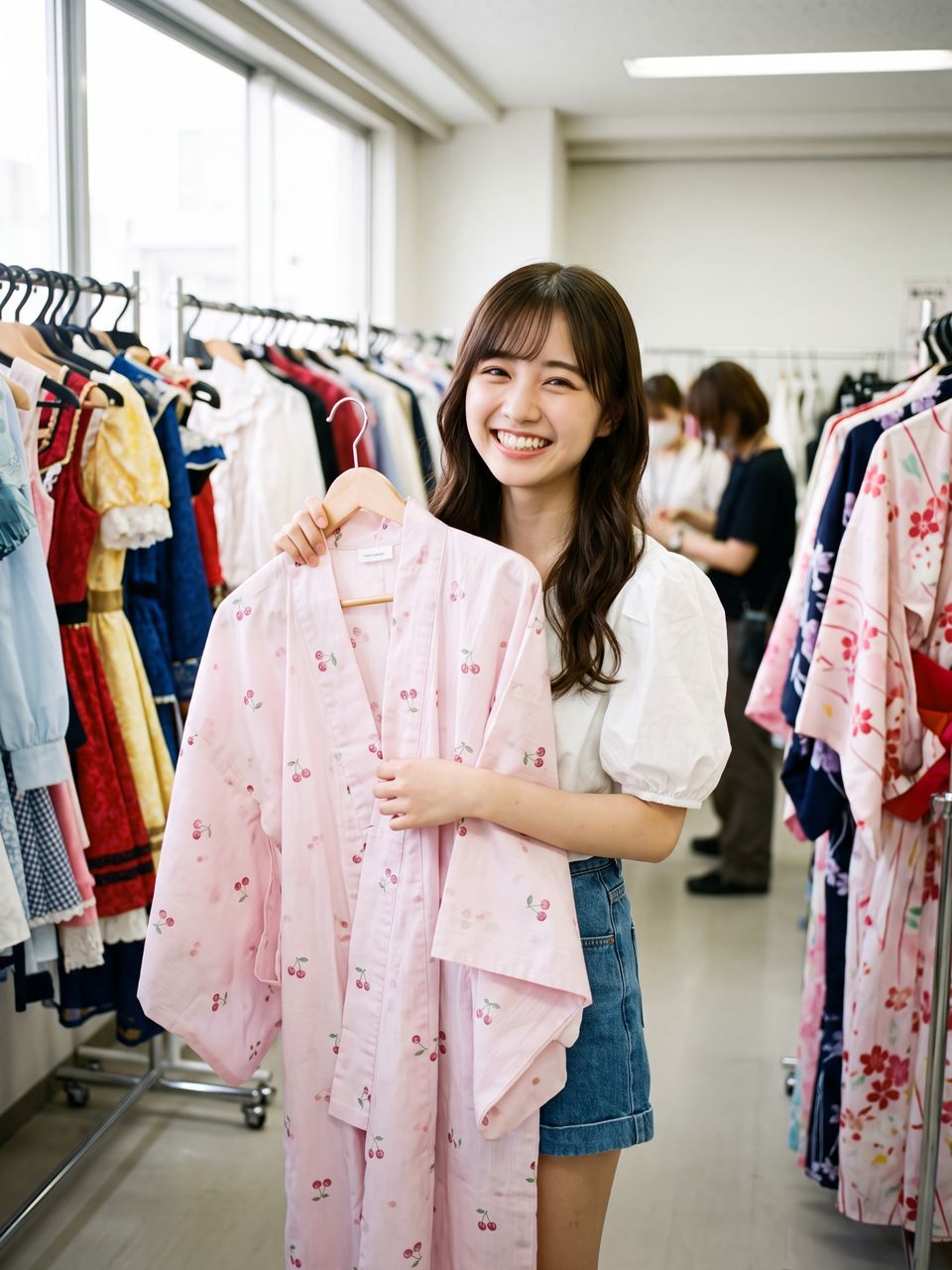 衣装部屋でピンクのさくらんぼ柄浴衣を嬉しそうに選ぶ夢咲さくら