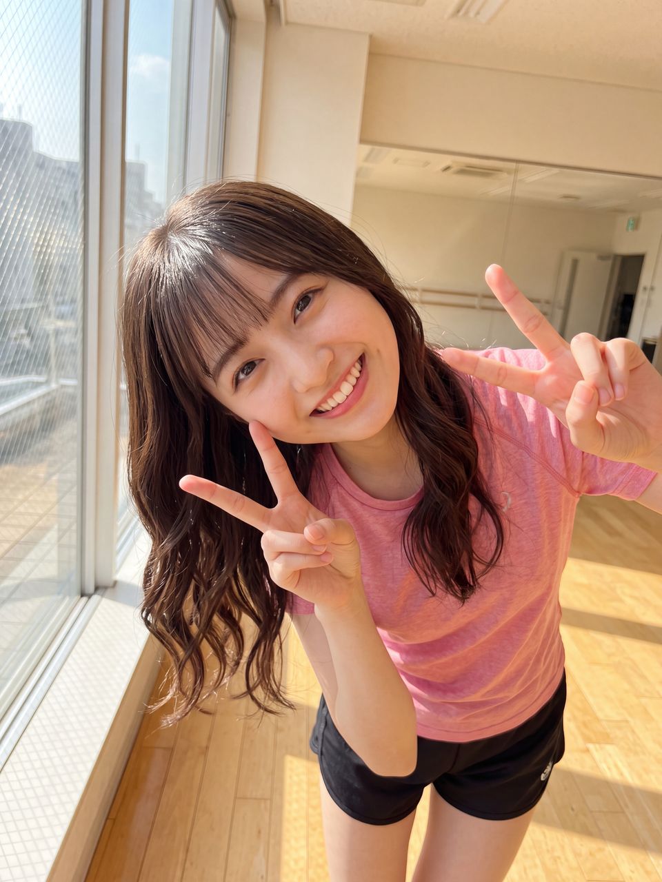 レッスンスタジオでダブルピースする夢咲さくらの自撮り風ショット