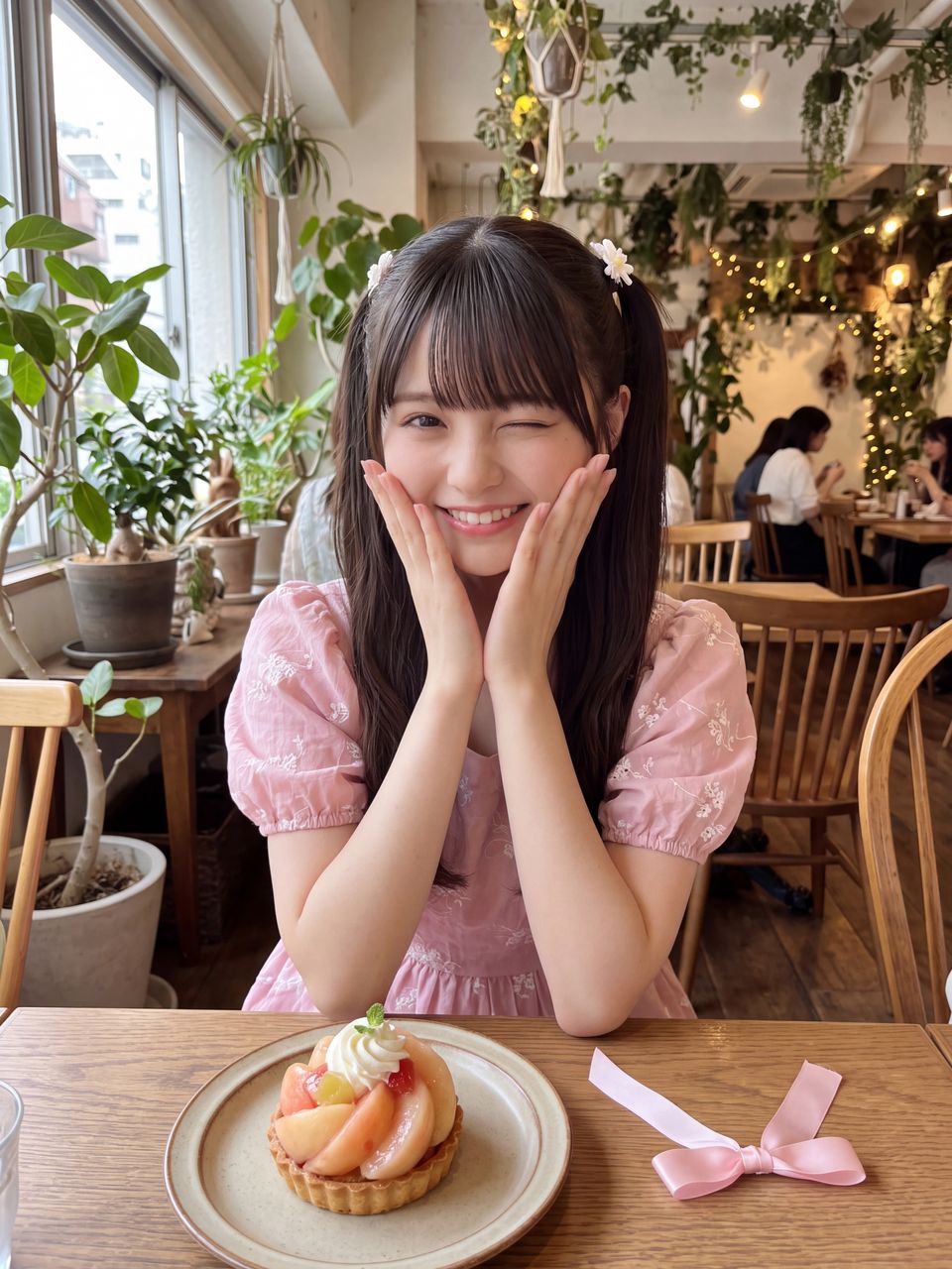 カフェ店内で桃タルトを前にあざとくウインクする姫宮桃