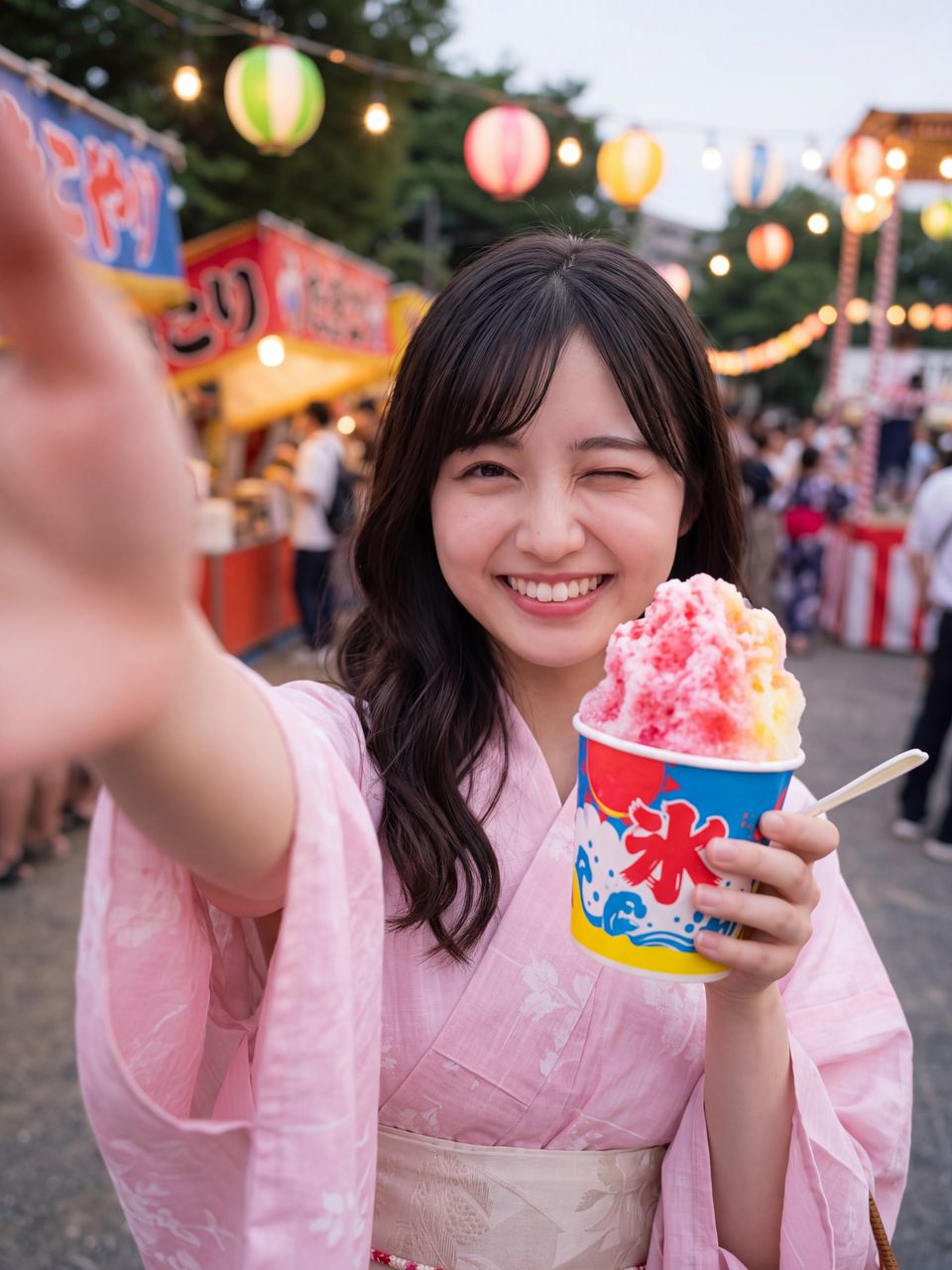 浴衣姿でかき氷を持ってキュートに自撮りをする夢咲さくら