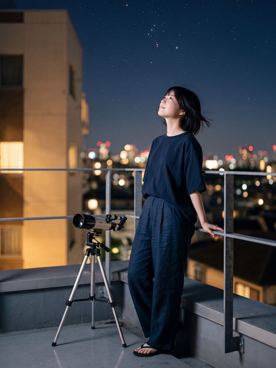 夜の屋上バルコニーで静かに夜空を見上げる星野美月