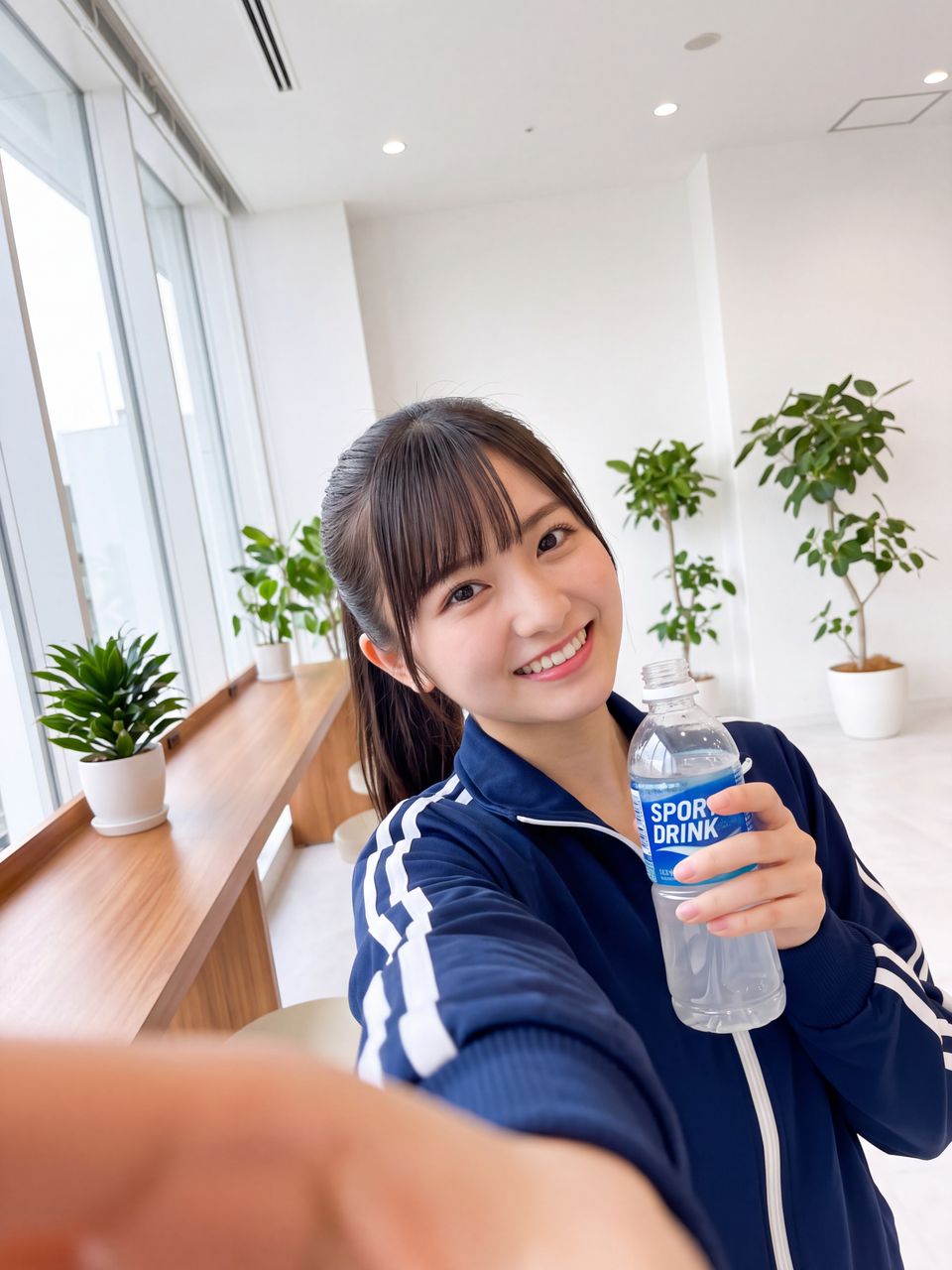 ダンススタジオでスポーツドリンクを持って笑顔で自撮りをする瀬戸朝陽