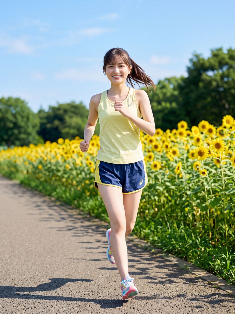向日葵の小道を全力で朝ランニングする瀬戸朝陽