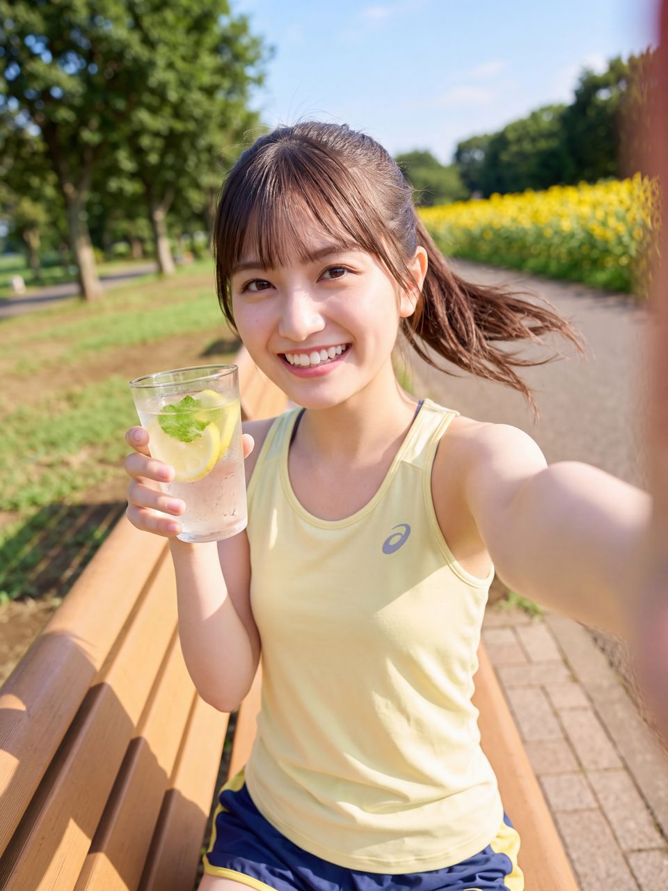 朝ラン後に冷たいレモンウォーターを持って笑顔で自撮りする瀬戸朝陽