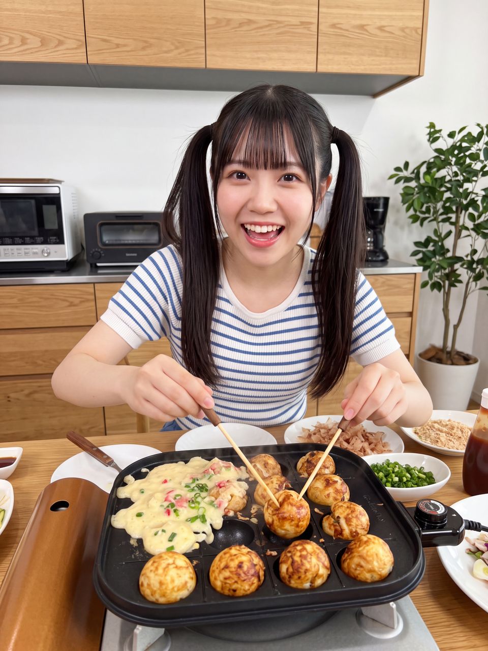 たこ焼きプレートの前で笑顔でたこ焼きをひっくり返す葉月柚子