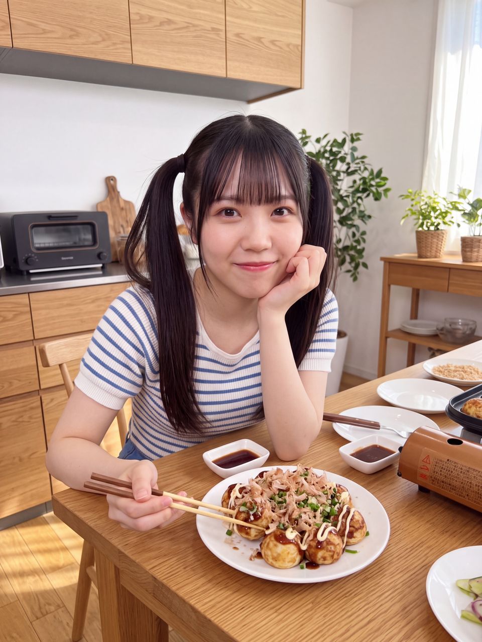 完成した熱々のたこ焼きを前に笑顔で箸を持つ葉月柚子