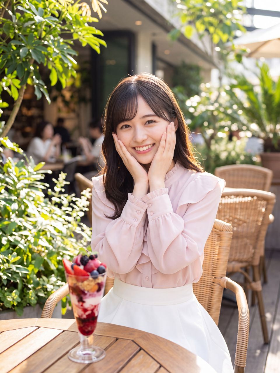 緑あふれるカフェテラスでベリーパフェを前に満面の笑顔を見せる夢咲さくら